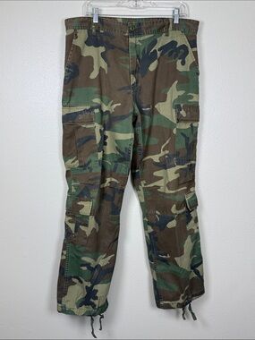 M81 Woodland Camo BDU Style Cargo Pant L Regular Stacked Pocket Twill Waist Tabs